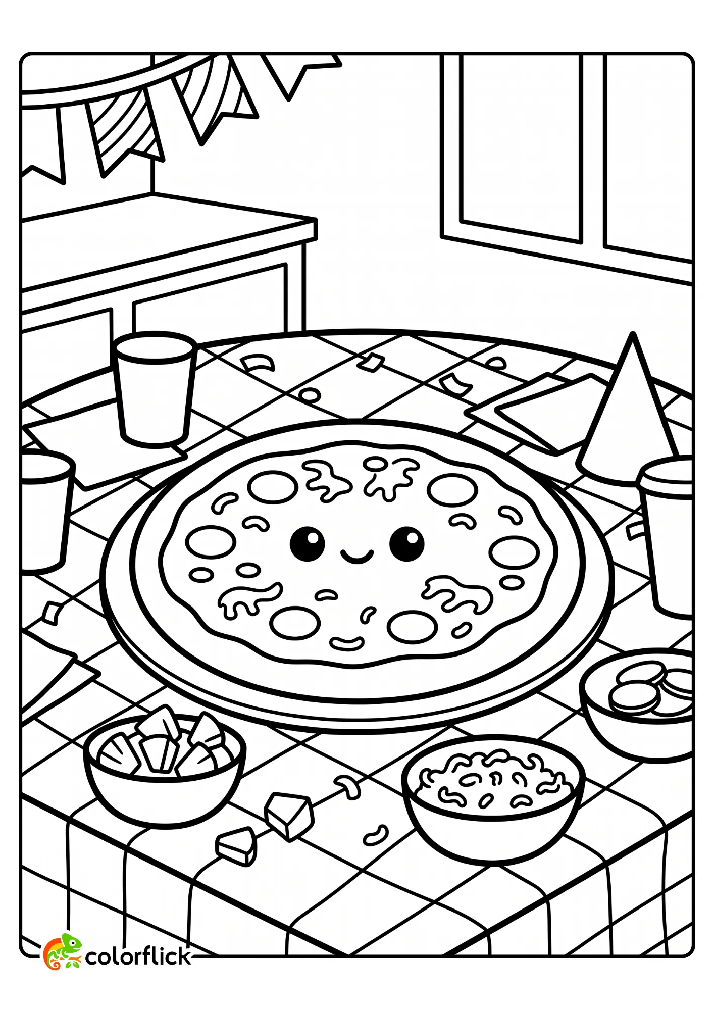 Cute printable coloring page for kids showing a smiling pizza character on a checkered table with extra toppings and party decorations.