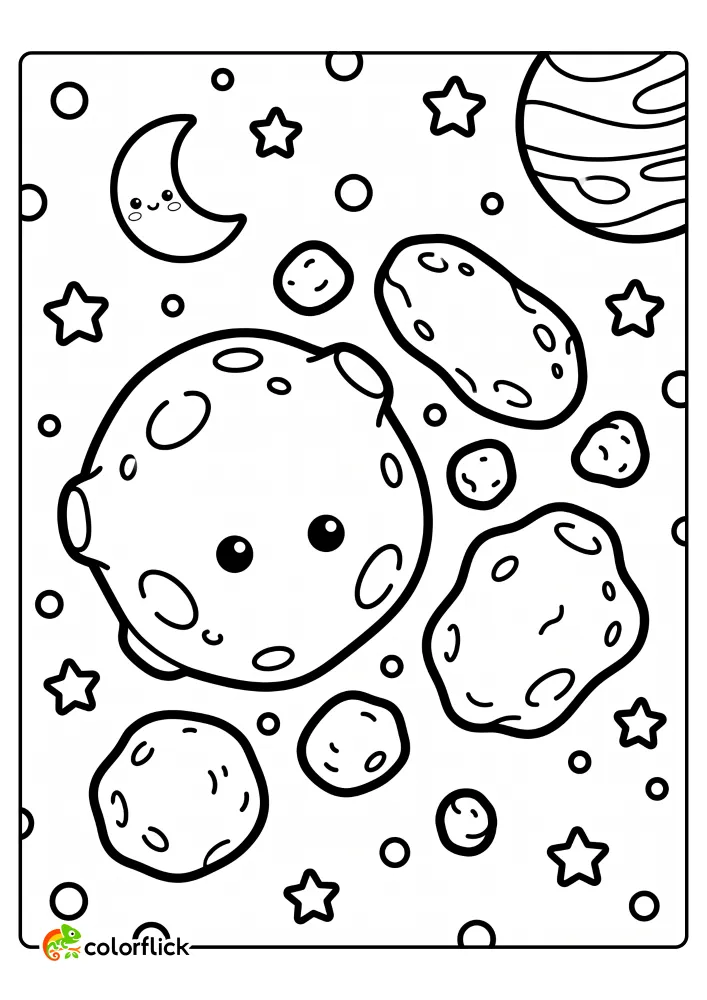 A cute, large moon with a friendly face floats among lumpy asteroids, a crescent moon, and a ringed planet, free printable coloring sheet for kids.