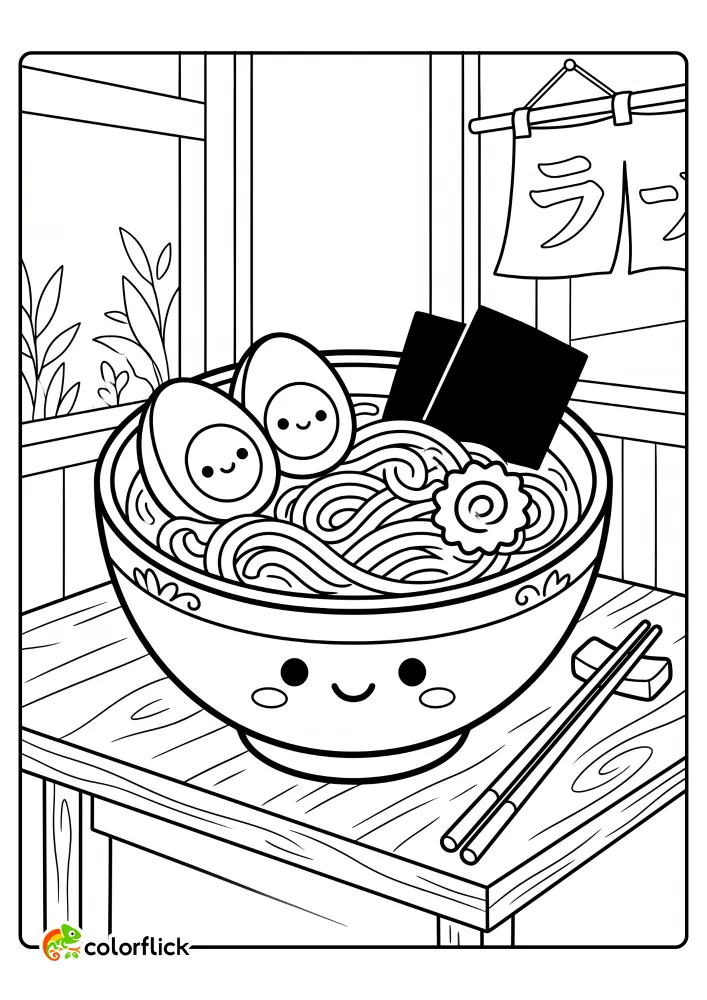 Cute smiling ramen bowl coloring page showing a friendly bowl on a wooden table with chopsticks, eggs, and narutomaki. printable coloring page for kids.