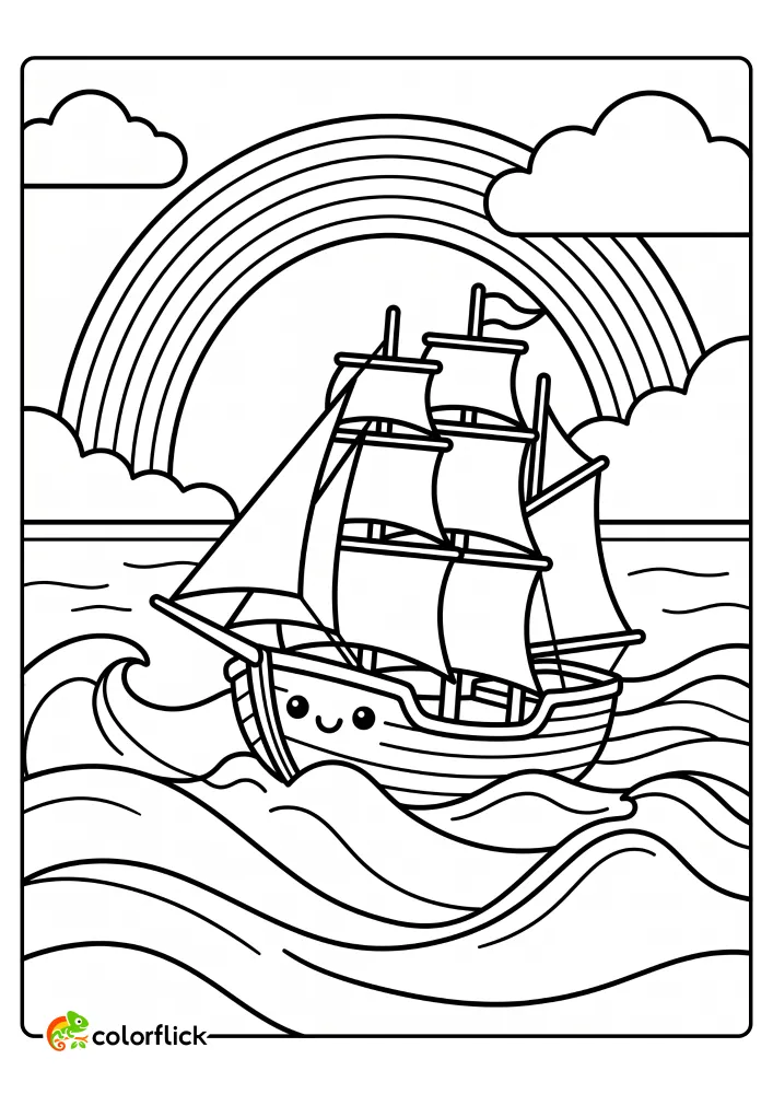 A cute printable coloring page for kids showing a friendly smiling tall ship sailing on ocean waves under a prominent arched rainbow.