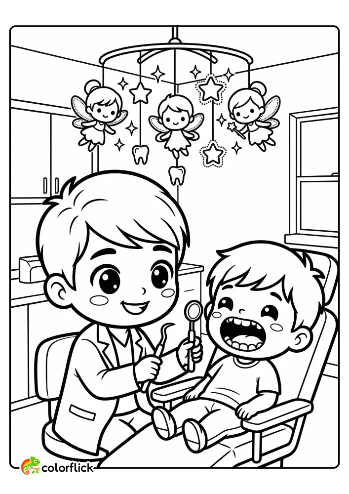 A friendly male dentist checks a boy's teeth in a clinic while a playful tooth fairy mobile hangs overhead, a free printable coloring sheet.
