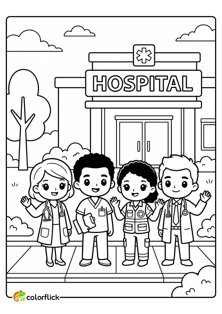 A cute group of diverse doctors, a nurse, and a paramedic waving in front of a hospital entrance printable coloring page for kids.