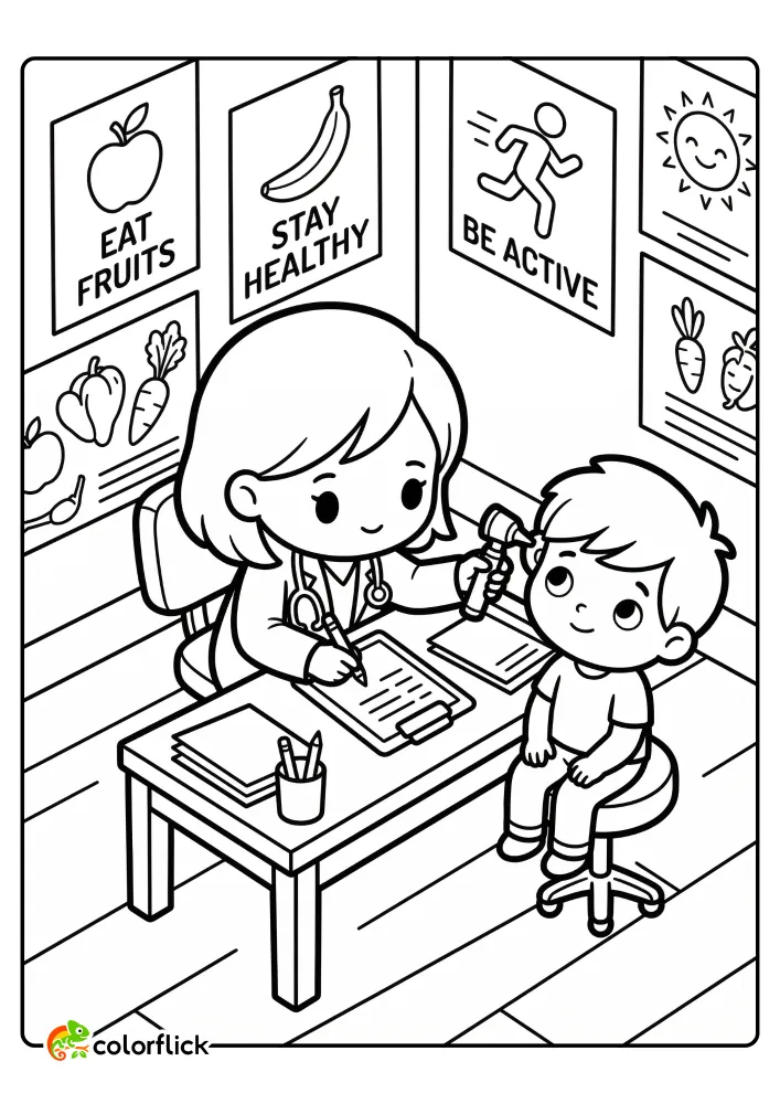 A black and white line art printable coloring page for kids showing a friendly female doctor using an otoscope to check a young boy's ear at a desk in a clinic, surrounded by healthy habit posters.