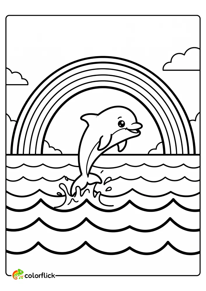 A happy dolphin jumping out of ocean waves beneath a double rainbow in this free printable coloring sheet.