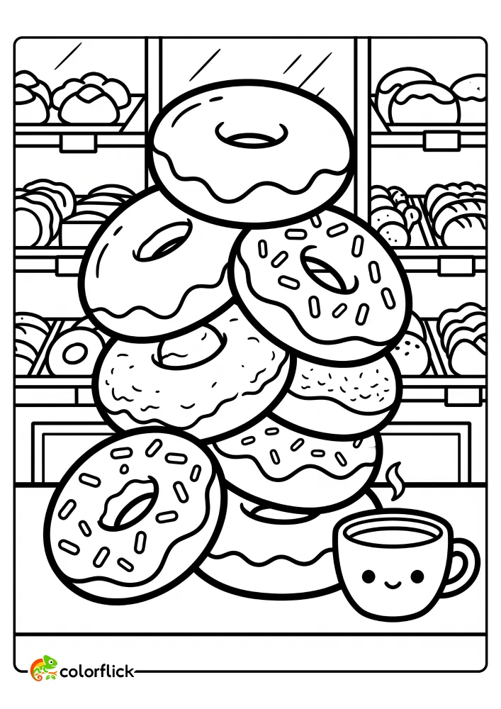 A cute printable coloring page for kids featuring a large tower of sprinkled donuts next to a smiling coffee cup in a bakery.
