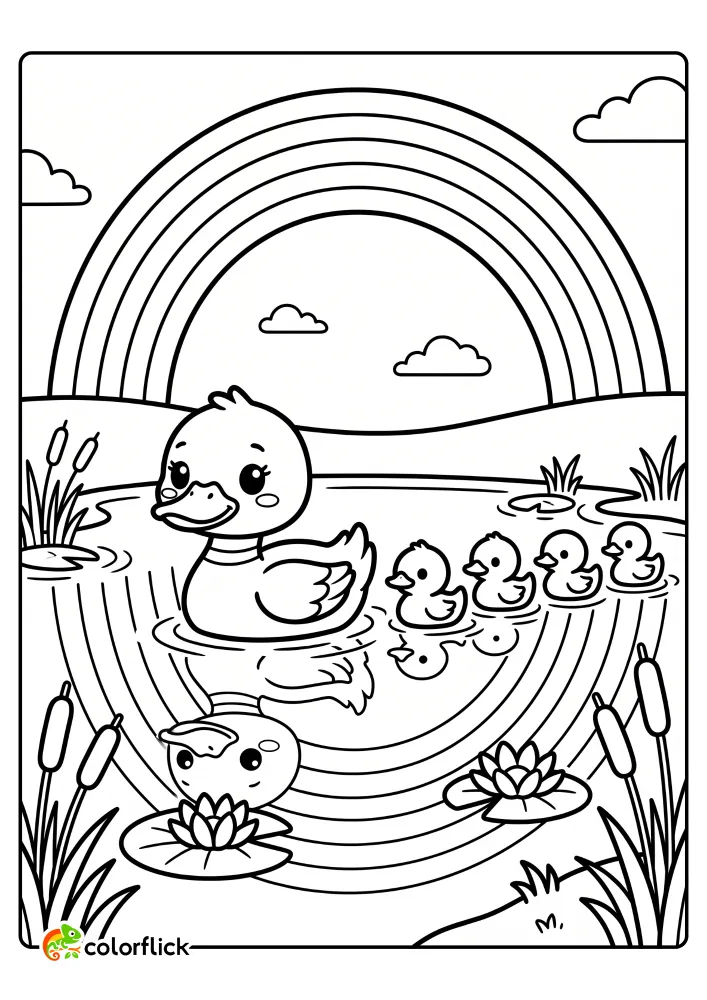 A lovely duck family swimming in a peaceful pond with a large rainbow reflection on the water, reeds, and rolling hills, designed as a printable coloring page for kids.