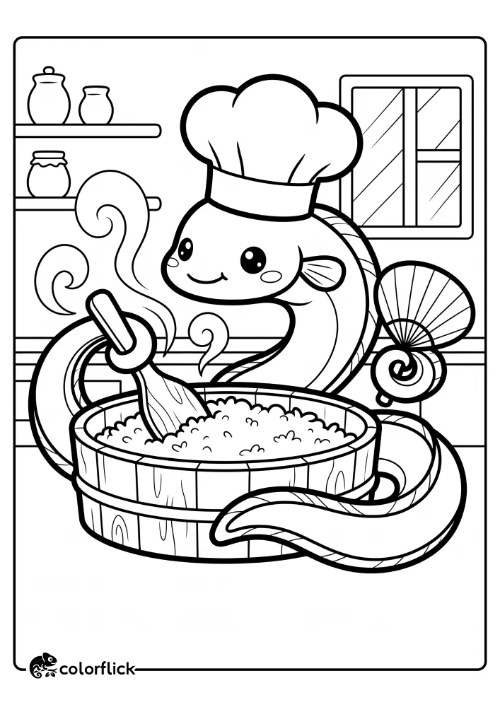 A cute eel wearing a large chef hat is coiled around a large tub of steaming rice, holding a mixing paddle and a paper fan, making a fun printable coloring page for kids.