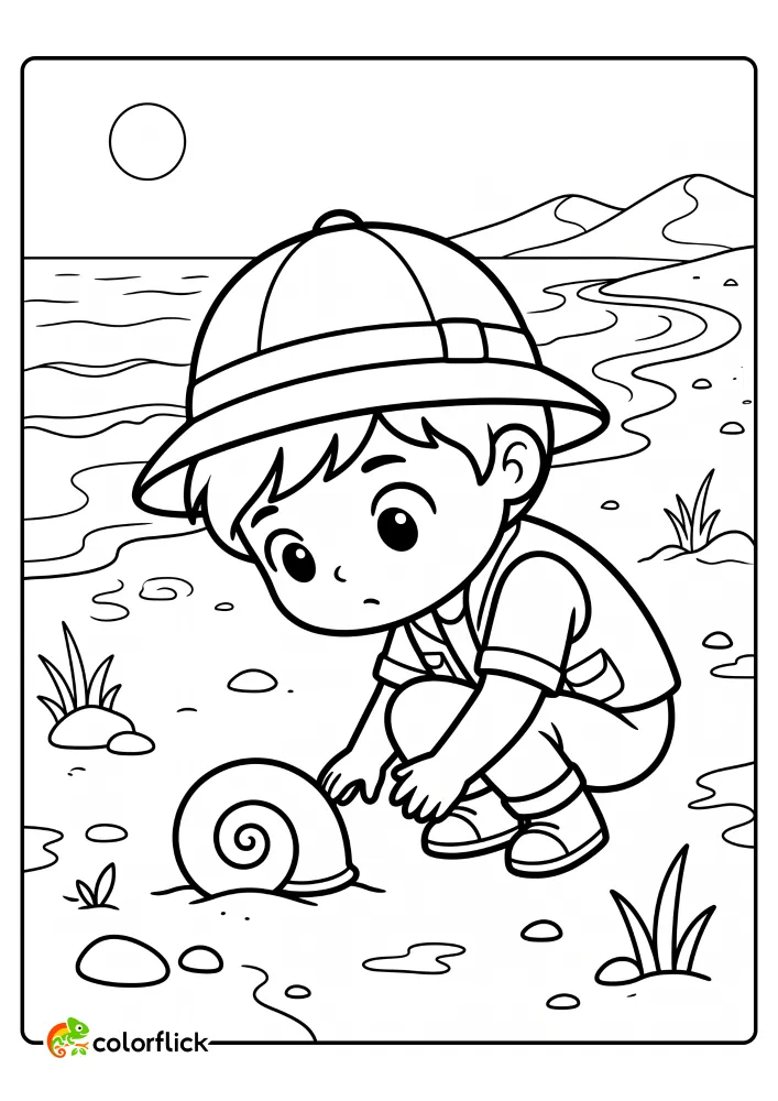 Cute explorer reaching for a spiral seashell on a beach printable coloring page for kids.