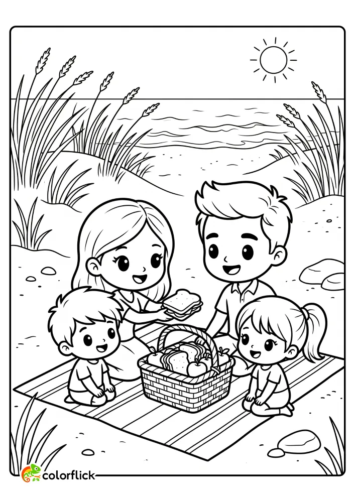 Cute family having a beach picnic on a blanket and unpacking a wicker basket full of sandwiches and fruit printable coloring page for kids.