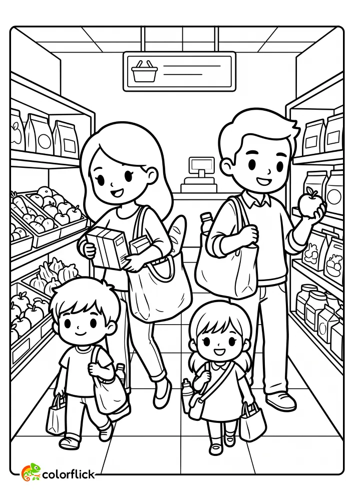 A happy family of four with two children shopping for groceries and placing items into reusable cloth bags in a store aisle, a printable coloring page for kids.
