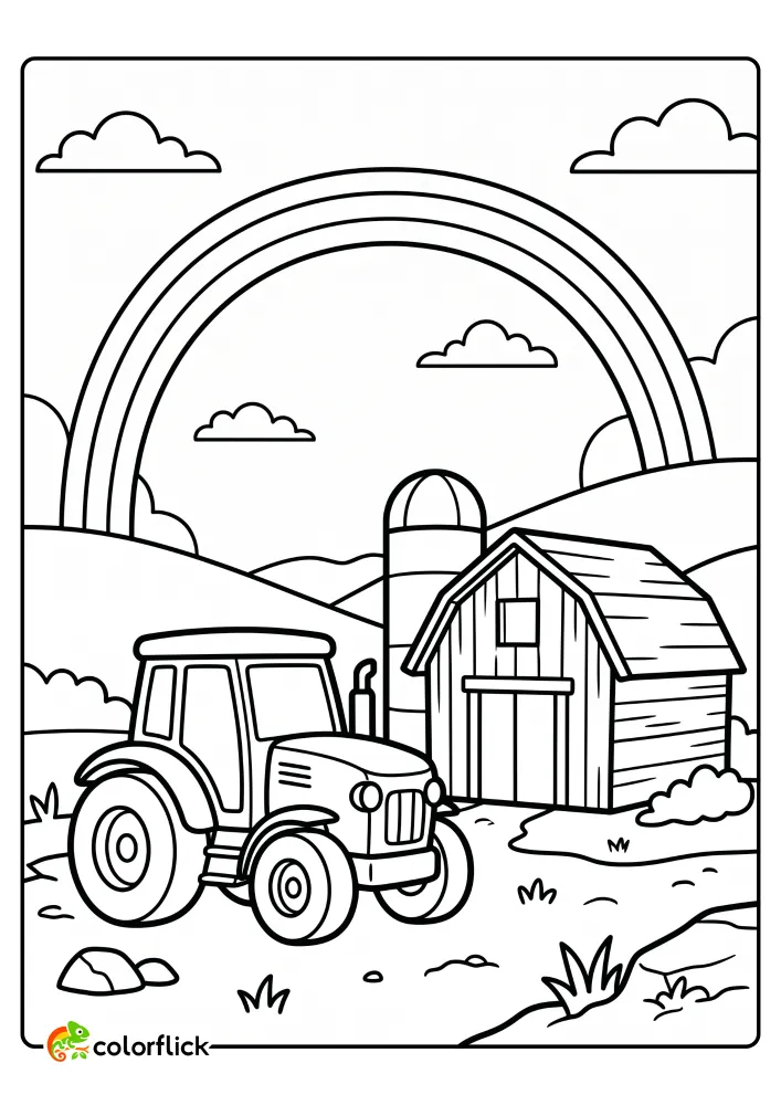 Black and white line art drawing of a cheerful farm scene with a large tractor, a wooden barn and silo, and a rainbow arching over hills, designed as a printable coloring page for kids.