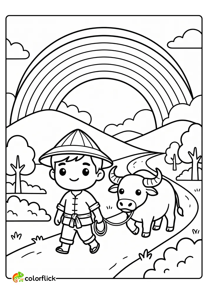 A cute farmer wearing a conical hat leading a water buffalo along a dirt path with a giant rainbow stretching across the hills in this printable coloring page for kids.