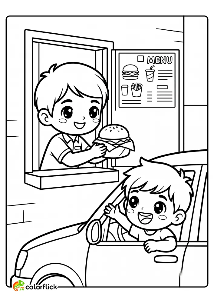 A descriptive scene of a food attendant handing a hamburger through a drive-thru window to a smiling boy in a car, with a simplified menu in the background, a printable coloring page for kids.