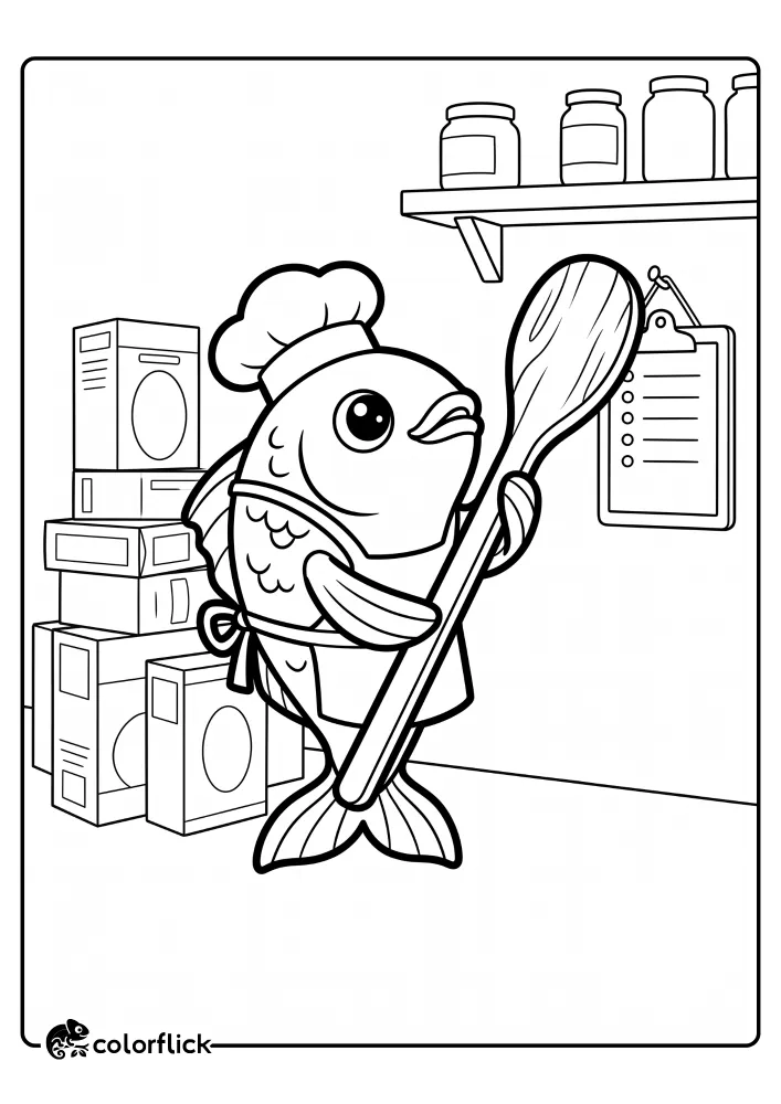 A cute sea bream fish chef wearing a hat and apron holds a large wooden rice paddle and points at a clipboard next to a stack of pantry boxes in this fun printable coloring page for kids.