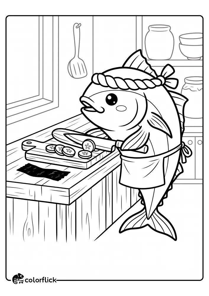 A cute tuna fish chef wearing a Japanese headband and apron stands behind a kitchen counter, slicing a cucumber with a chef's knife on a wooden board. Below the board is a strip of nori seaweed. Shelves with ceramic jars and a window are in the background. A printable coloring page for kids.