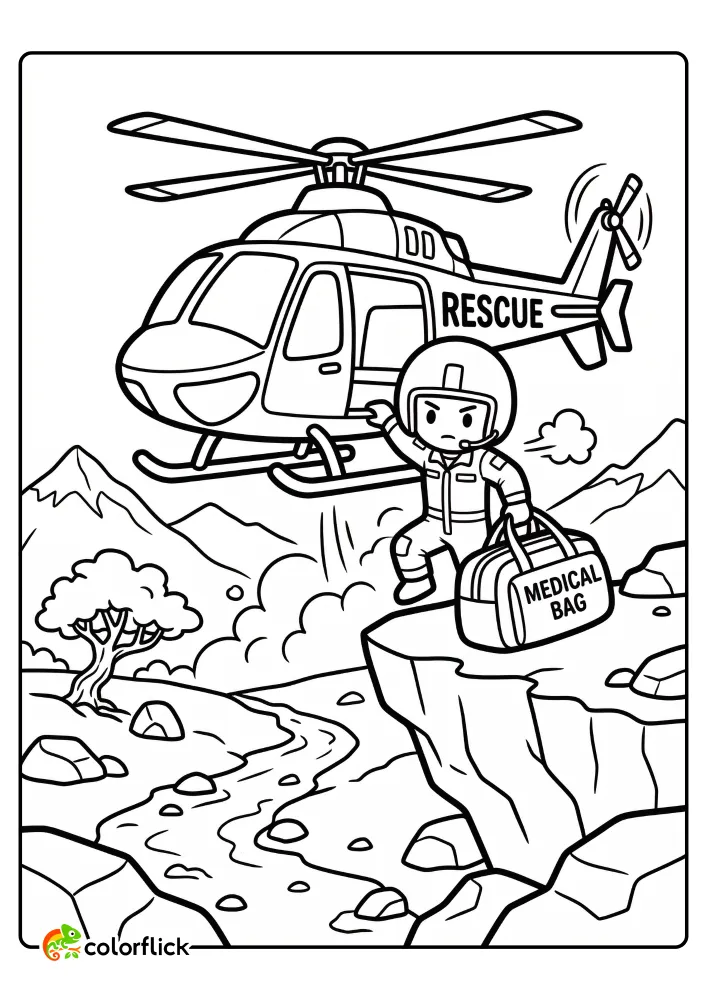 Emergency Heroes Coloring featuring flight paramedic standing on a mountain cliff, carefully holding a medical bag as a rescue helicopter hovers above, providing a printable coloring page for kids.