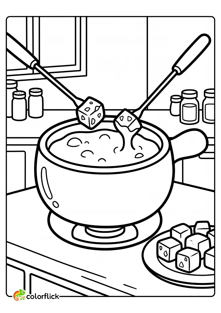 A detailed line-art printable coloring page for kids showing a classic ceramic fondue pot filled with cheese, with two forks dipping bread cubes.