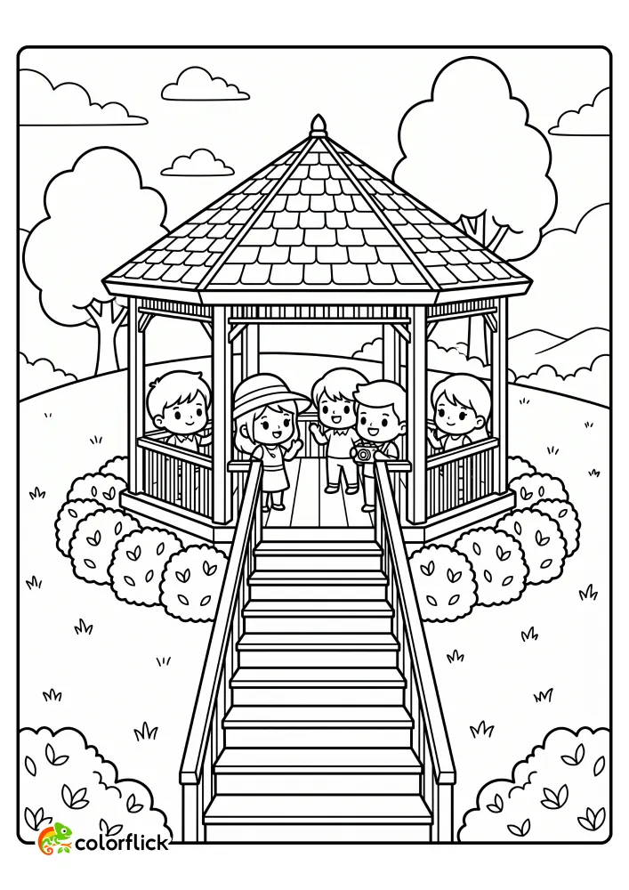 A printable coloring page for kids showing a group of people standing inside a hexagonal wooden gazebo on a small grassy hill with a wide staircase.