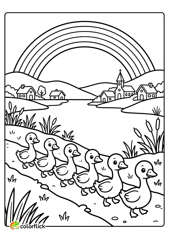 A row of cute geese walking toward a village pond under a large rainbow arch in this printable coloring page for kids.