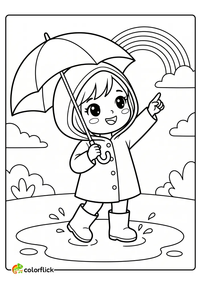 printable-easy-girl-splashing-puddle-pointing-rainbow-coloring-page