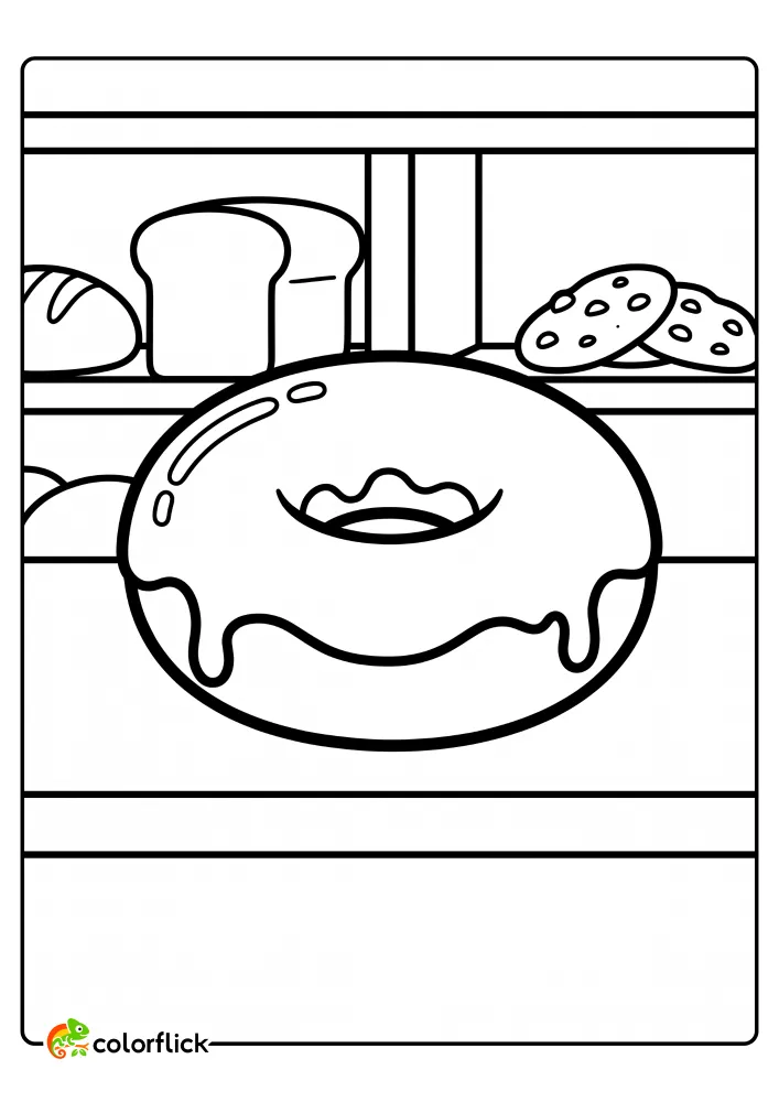 A printable coloring page for kids showing a single glazed donut with dripping glaze sitting on a simple bakery counter with other baked goods like bread and cookies in the background.