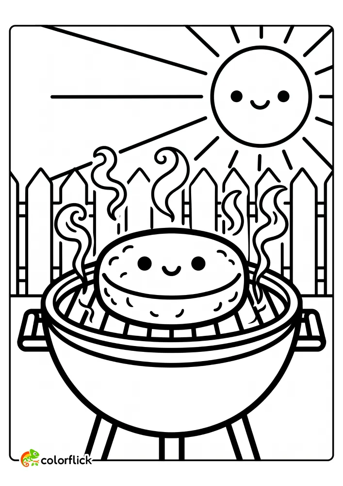 Cute smiling beef patty cooking on a backyard barbecue grill with smoke and a smiling sun, a printable coloring page for kids.