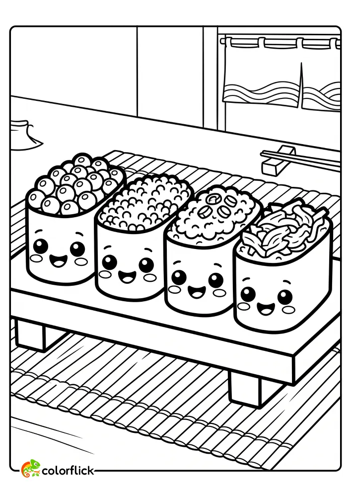 Four cute Gunkanmaki battleship sushi with happy faces lined up on a wooden plank in a Japanese restaurant. This printable coloring page for kids is perfect for simple coloring fun.