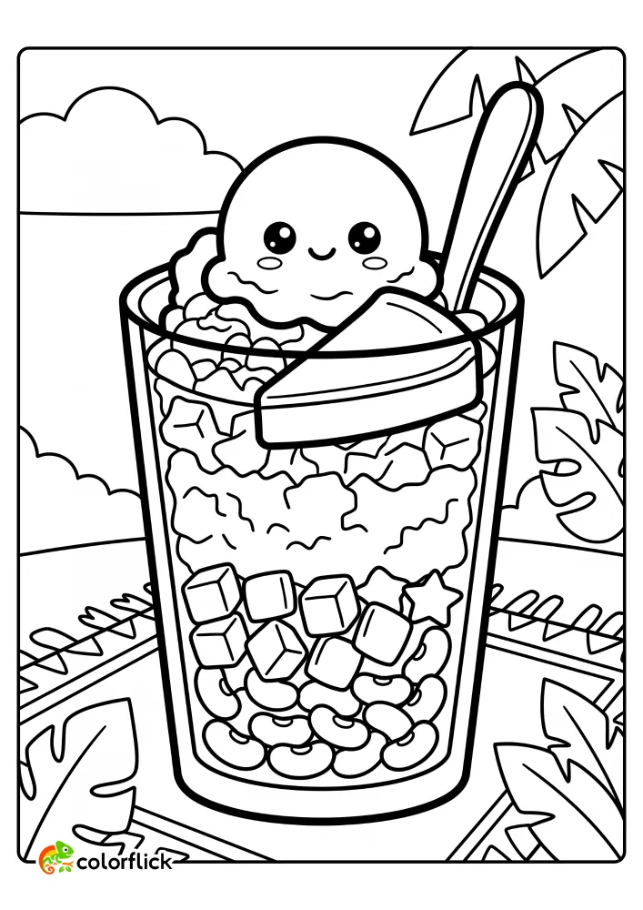 Cute Filipino Halo-Halo dessert coloring page for kids with a smiling scoop of ube ice cream and layers of sweet beans.