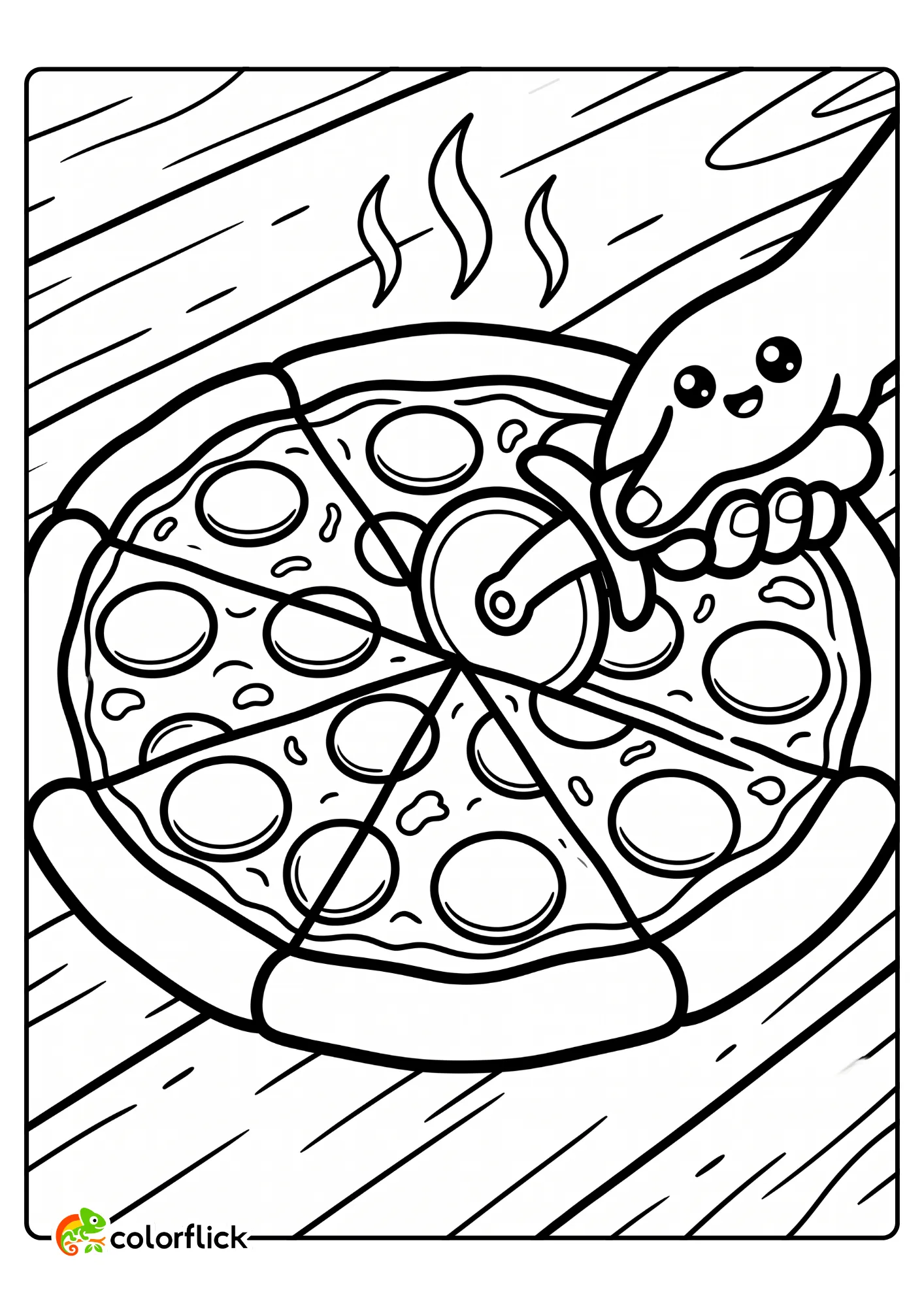Cute hand slicing a pepperoni pizza with a cutter, a printable coloring page for kids.
