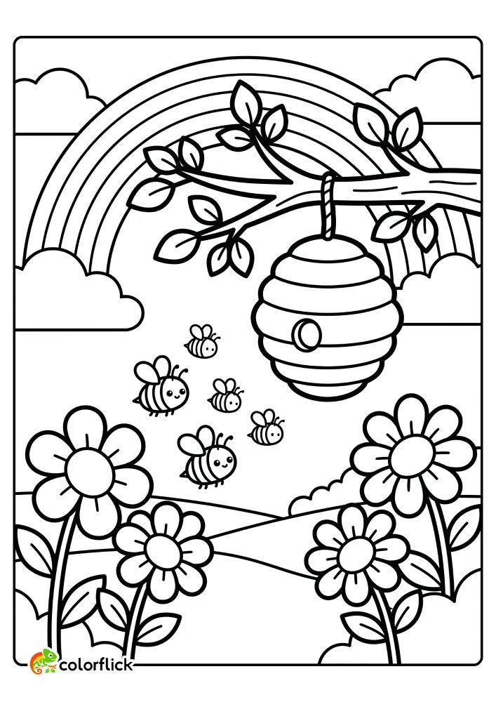 A free printable coloring sheet featuring cute bees flying from a hanging beehive down towards large blooming flowers with a big rainbow in the background.