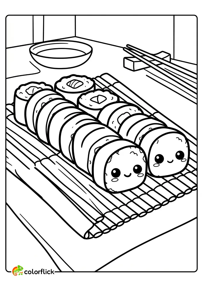 A neat row of simple Hosomaki sushi rolls and cute character sushi with smiling faces on a bamboo mat, a free printable coloring sheet for kids.