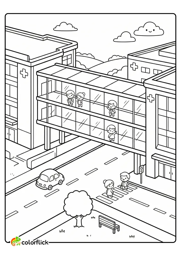 A printable coloring page for kids showing a wide, multi-story glass-enclosed pedestrian bridge connecting two hospital buildings over a busy street, with figures visible inside and cars below.