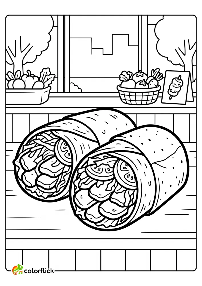 Two large kebab wraps filled with sliced meat and vegetables, part of a printable coloring page for kids.