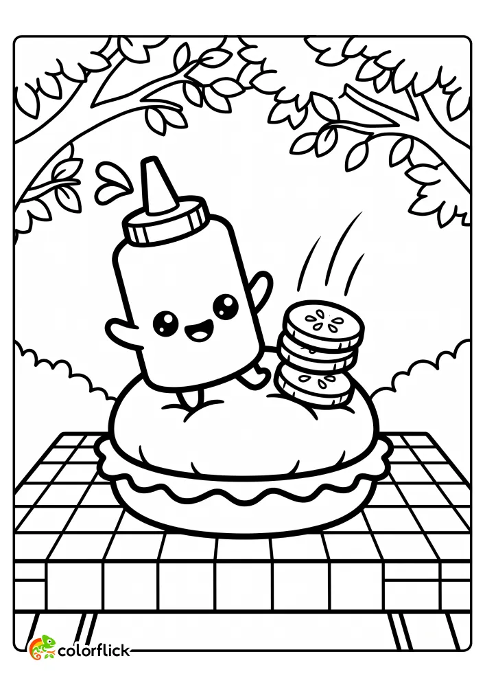 A cute, happy ketchup bottle and a stack of pickles land on a hamburger bun at an outdoor picnic table in this printable coloring page for kids.
