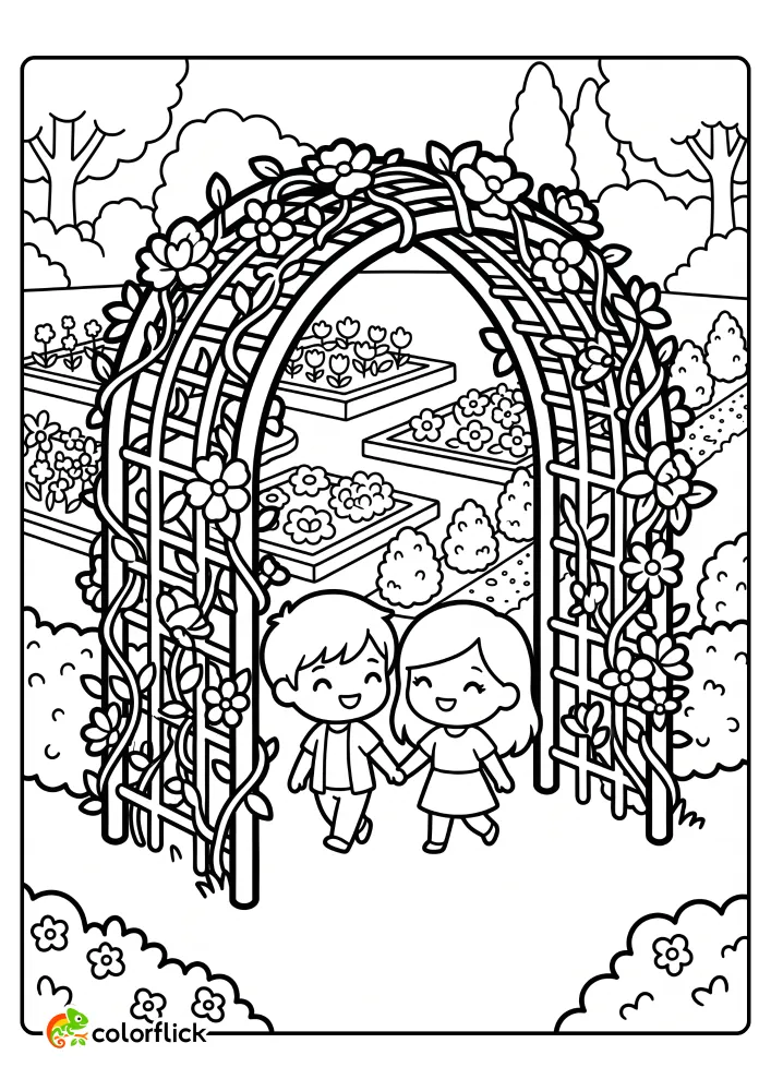 Cute printable coloring page for kids featuring a boy and girl holding hands, walking through a beautiful flower-covered garden trellis archway.