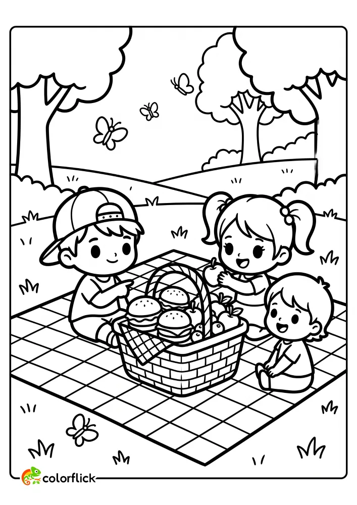 Three happy cartoon children, including two girls and one boy, are having a picnic with a full basket of burgers and apples on a checkered blanket, surrounded by butterflies in a simple park setting in this printable coloring page for kids.