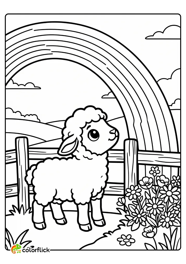 A sweet little lamb standing by a wooden fence and looking up at a big rainbow near some wildflowers in this free printable coloring sheet.