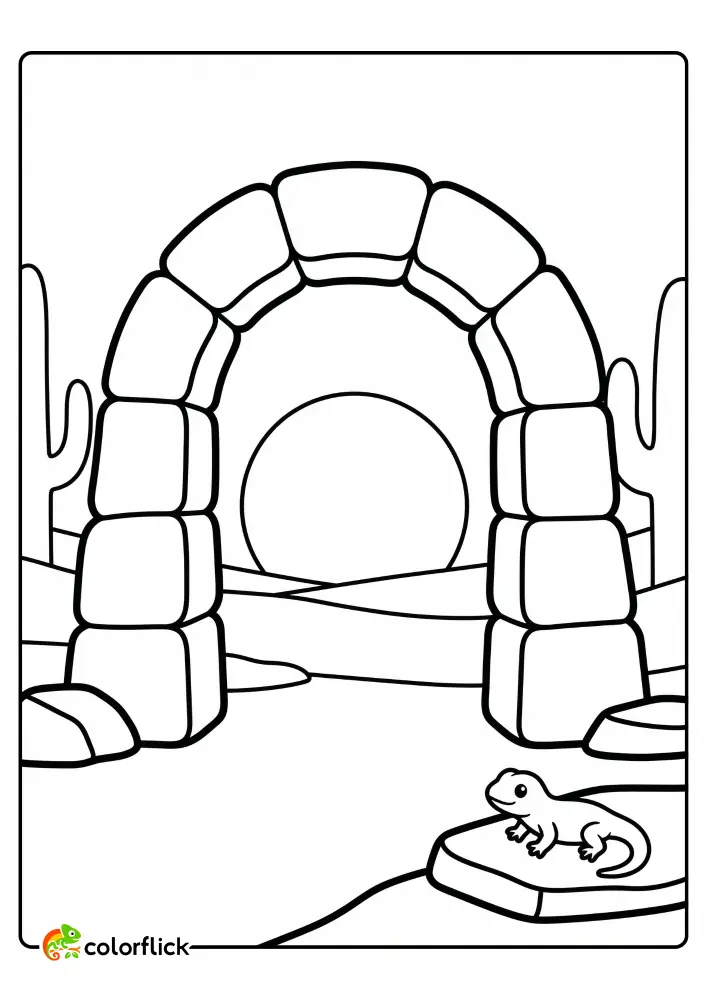 A simple line art printable coloring page for kids of a large stone desert archway framing a setting sun, with a small, cute lizard on a rock in the foreground.