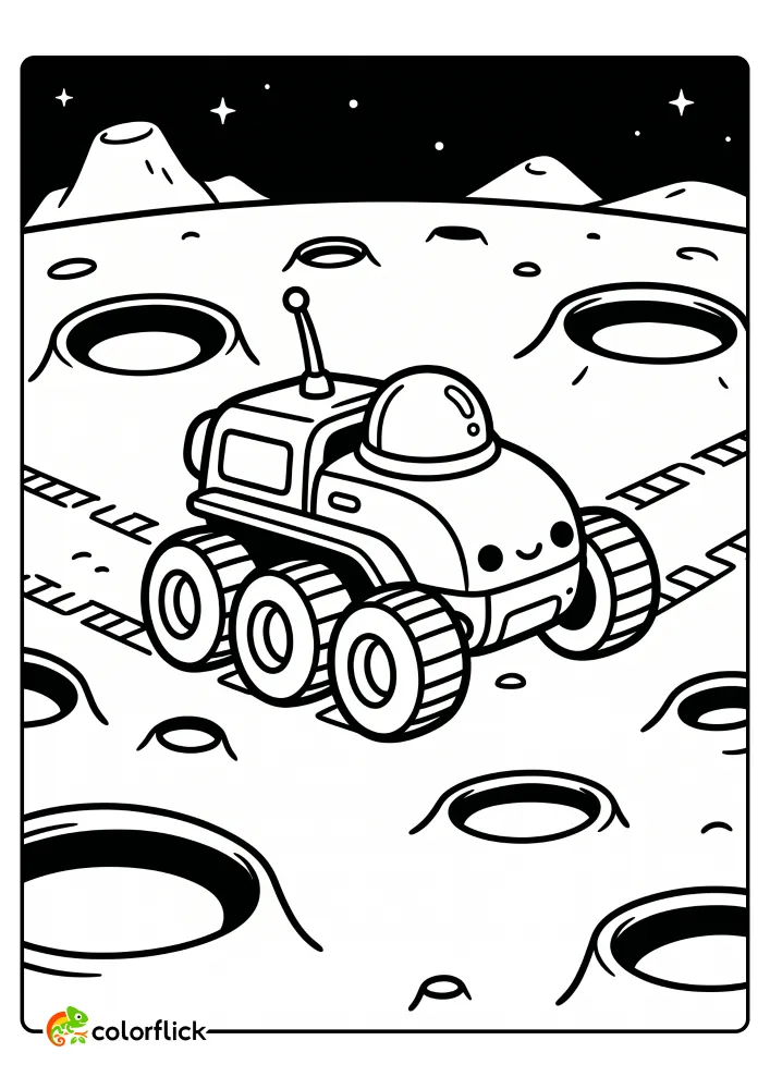 A cute six-wheeled lunar rover driving across the moon surface with deep craters and tire tracks, providing a fun printable coloring page for kids.