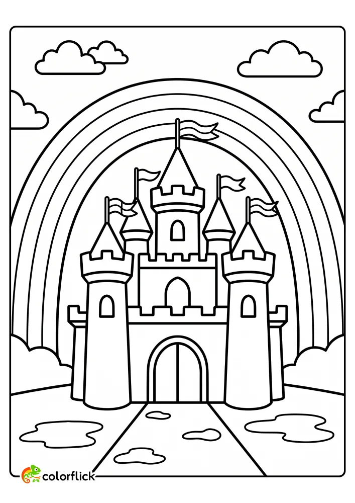 A cute printable coloring page for kids showing a majestic castle with tall towers and waving flags under a giant rainbow that appears after a rain shower.