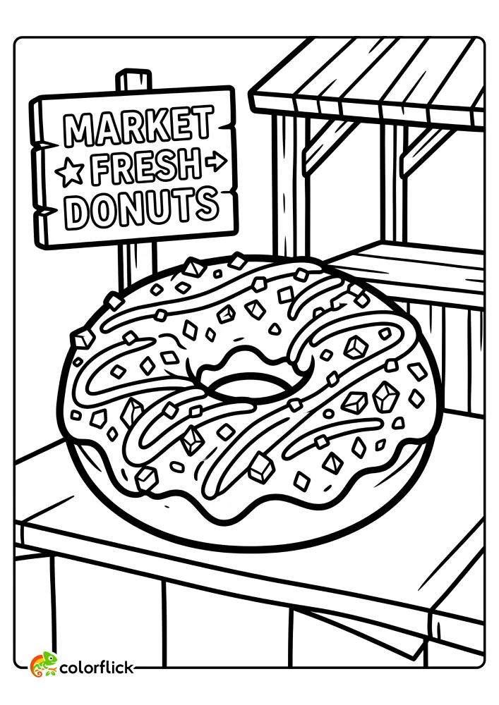 Cute printable coloring page for kids showing a large donut heavily coated with crystals and glaze on a market stall counter with a sign reading 'MARKET FRESH DONUTS'.
