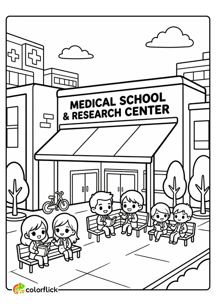 A printable coloring page for kids showing the outdoor campus of a medical school and research center, with groups of students in coats studying on benches in front of the building.