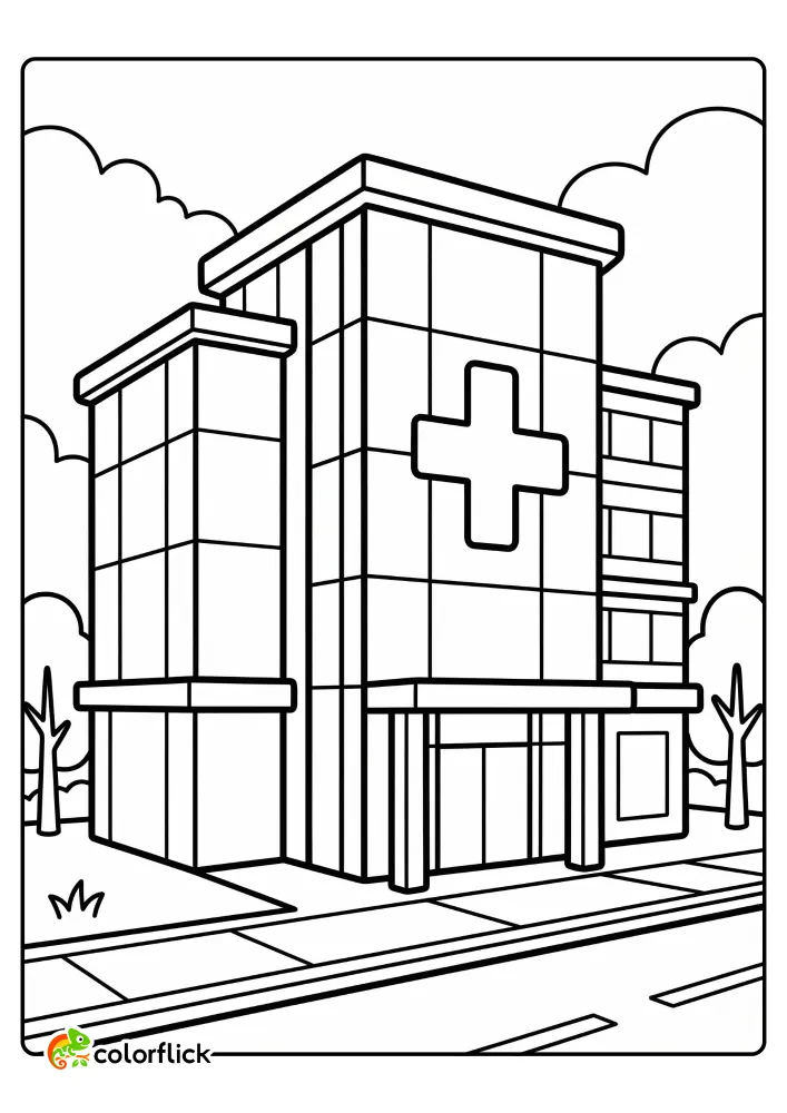 Sleek modern multi-story hospital building with large glass facade and medical cross symbol printable coloring page for kids.