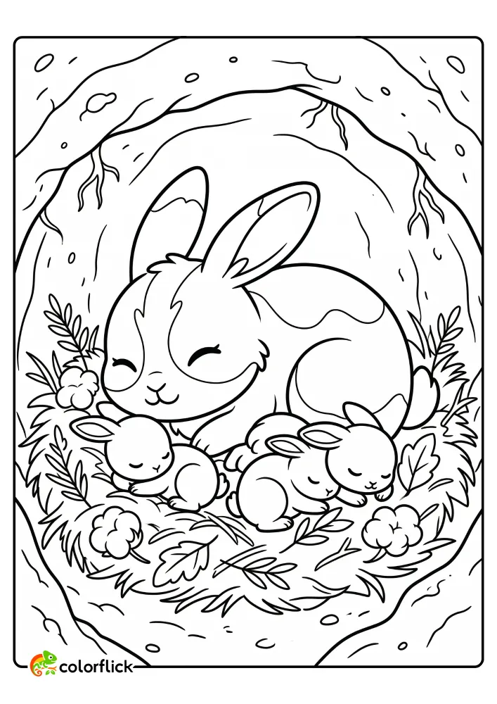 Cute mother rabbit and three babies sleeping peacefully in a cozy nest, printable coloring page for kids.