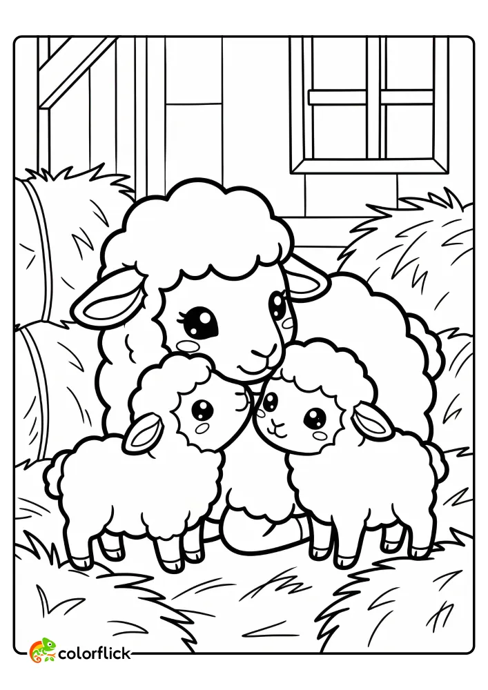 A printable coloring page for kids showing a cute mother sheep lovingly nuzzling her twin lambs in a cozy barn stall, surrounded by hay bales.