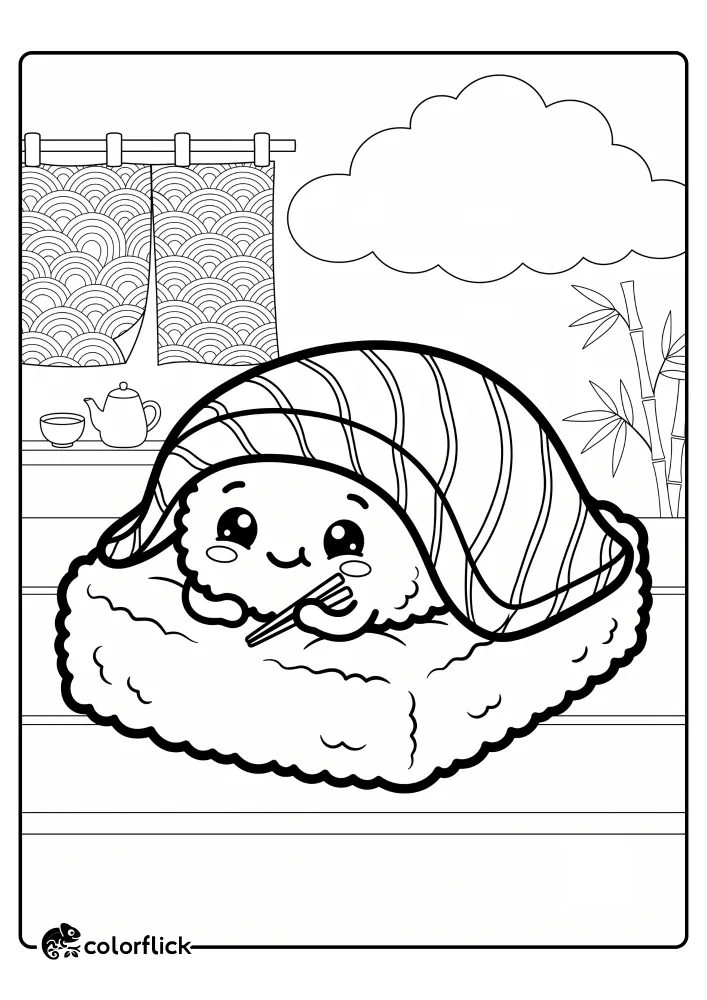 A happy little nigiri sushi character tucked under a fish blanket holding tiny chopsticks, a printable coloring page for kids with large shapes and clear lines.