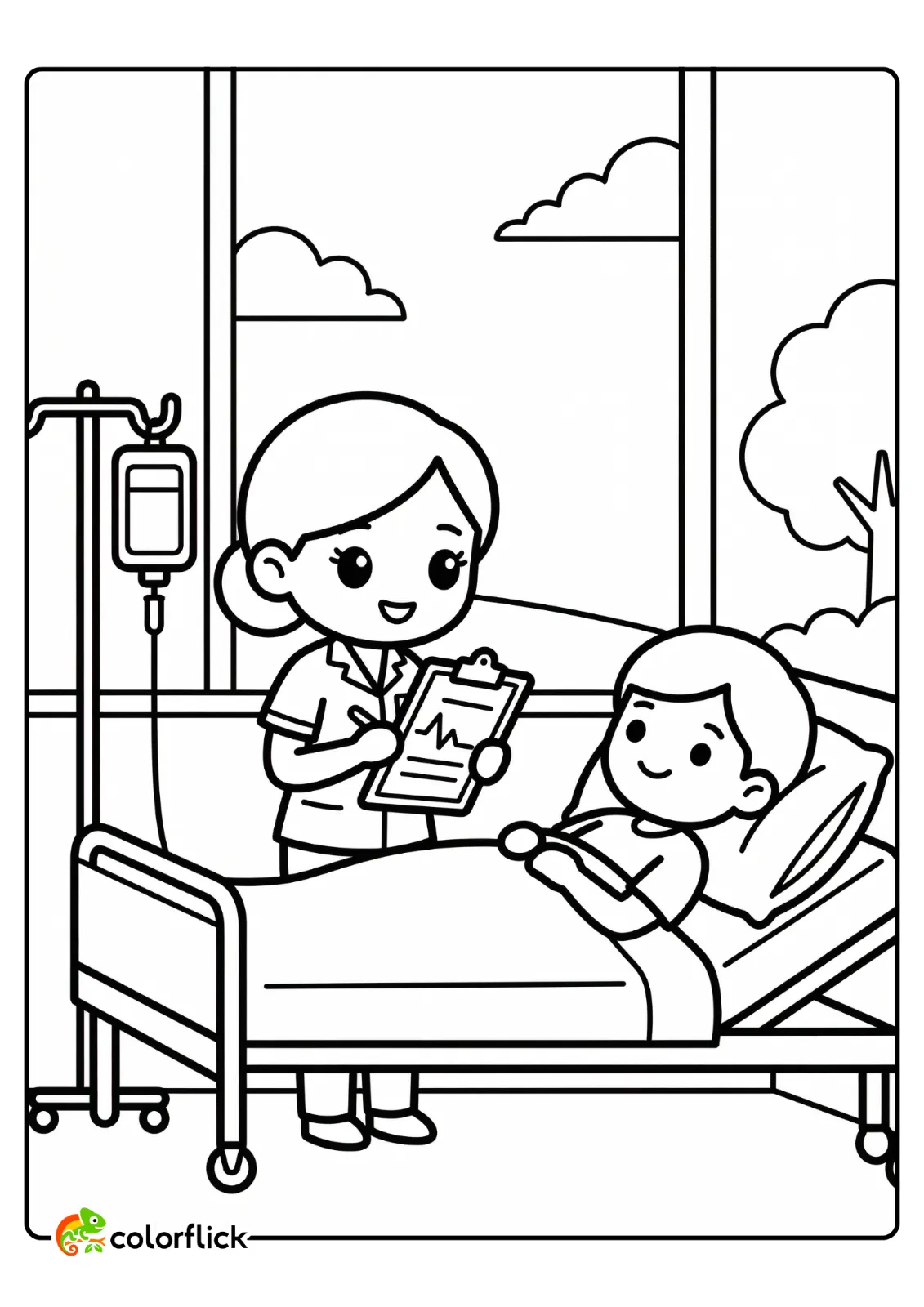 A cute nurse checking an EKG chart with a clipboard while a patient rests in a hospital bed, printable coloring page for kids.