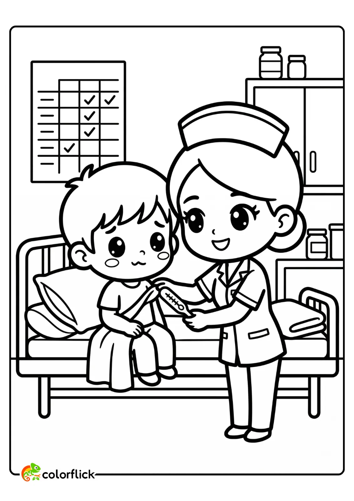 A friendly nurse taking a child's temperature in a hospital bed, printable coloring page for kids.