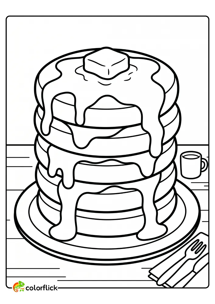 Cute stack of fluffy pancakes with a melting butter cube and dripping syrup, a fun printable coloring page for kids.