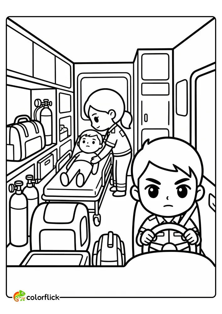 A cute paramedic drives an ambulance while another medic cares for a patient on a gurney, featured in this printable coloring page for kids.